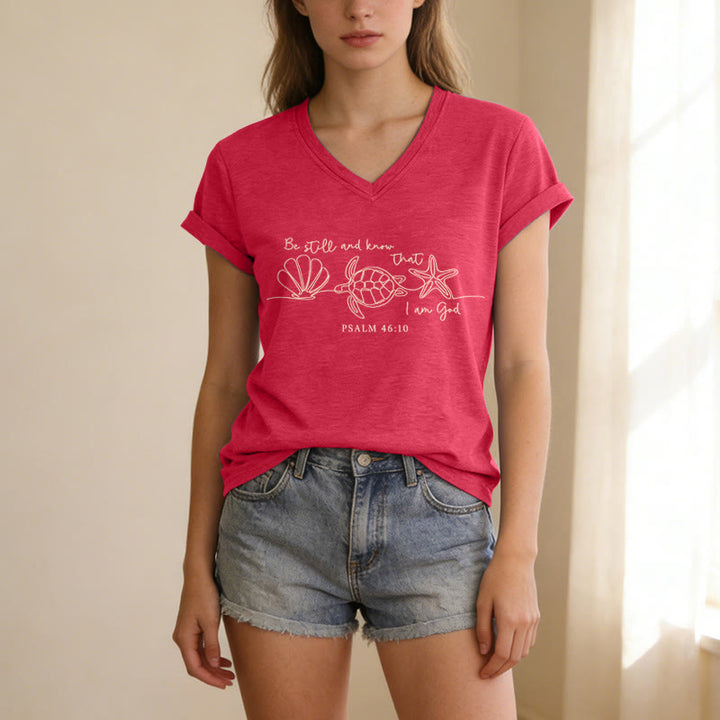 Christianartworkshop Be Still And Know That I Am God Line Drawing Sea Turtle Shell Starfish Psalm 46:10 V-neck T-shirt - image 13
