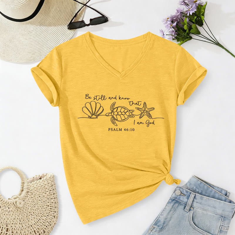 Christianartworkshop Be Still And Know That I Am God Line Drawing Sea Turtle Shell Starfish Psalm 46:10 V-neck T-shirt - Yellow - 2XL - image 10