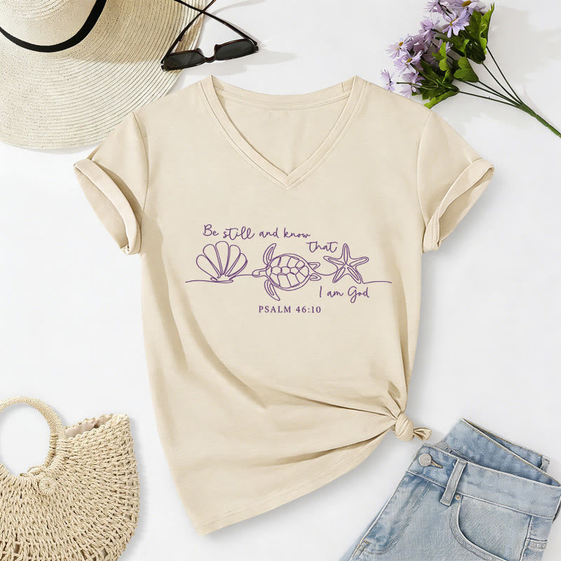 Christianartworkshop Be Still And Know That I Am God Line Drawing Sea Turtle Shell Starfish Psalm 46:10 V-neck T-shirt - Beige - 2XL - image 8