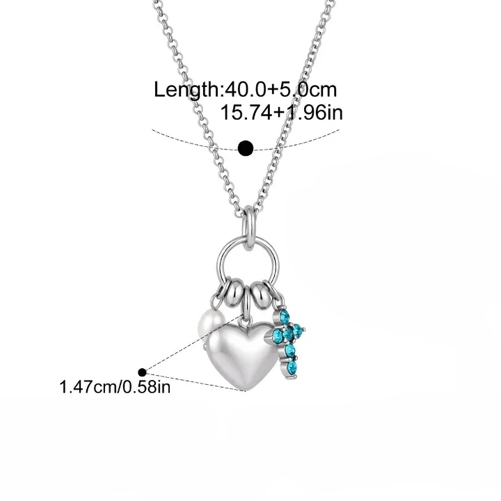 Christianartworkshop Halo Stone Heart Pendant Cross Multi-Charm Cable Chain Necklace: Timeless Emblem of Gentle Heavenly Guardianship - Silver - Polished Scared Heart&Cross - image 8