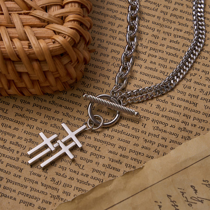 Christianartworkshop Triple Overlapping Cross Toggle Clasp Dual Textured Chain Necklace: Timeless Emblem of Gentle Heavenly Guardianship - image 1