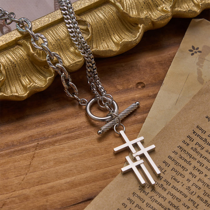 Christianartworkshop Triple Overlapping Cross Toggle Clasp Dual Textured Chain Necklace: Timeless Emblem of Gentle Heavenly Guardianship - 60cm - image 0