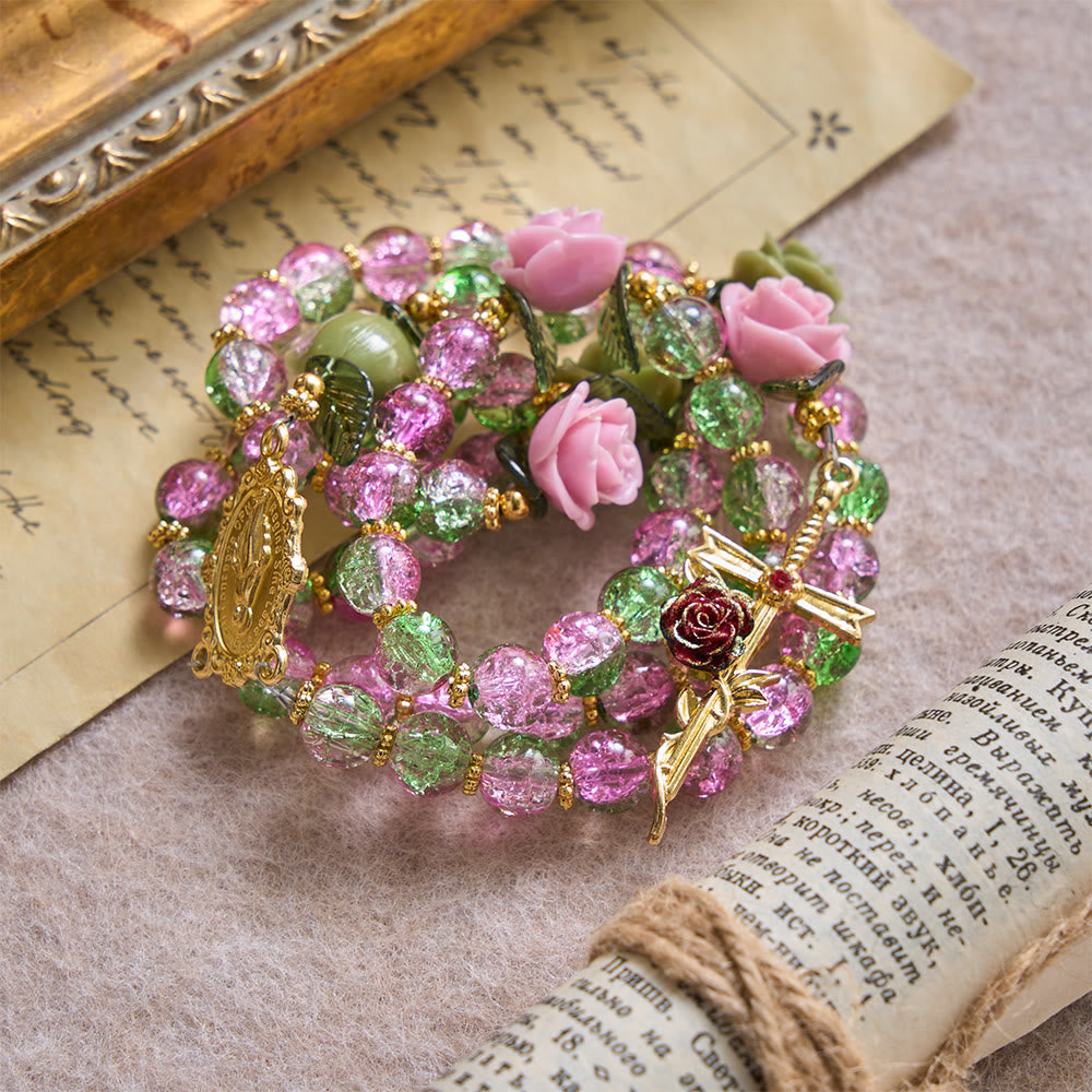Christianartworkshop Pink & Green Crackle Faceted Glass Bead Rose Floral Our Lady Cross Rosary - image 4