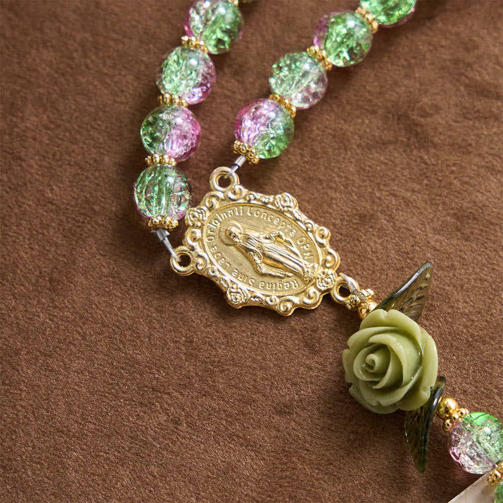 FREE Today: Pink & Green Crackle Faceted Glass Bead Rose Floral Our Lady Cross Rosary - image 6