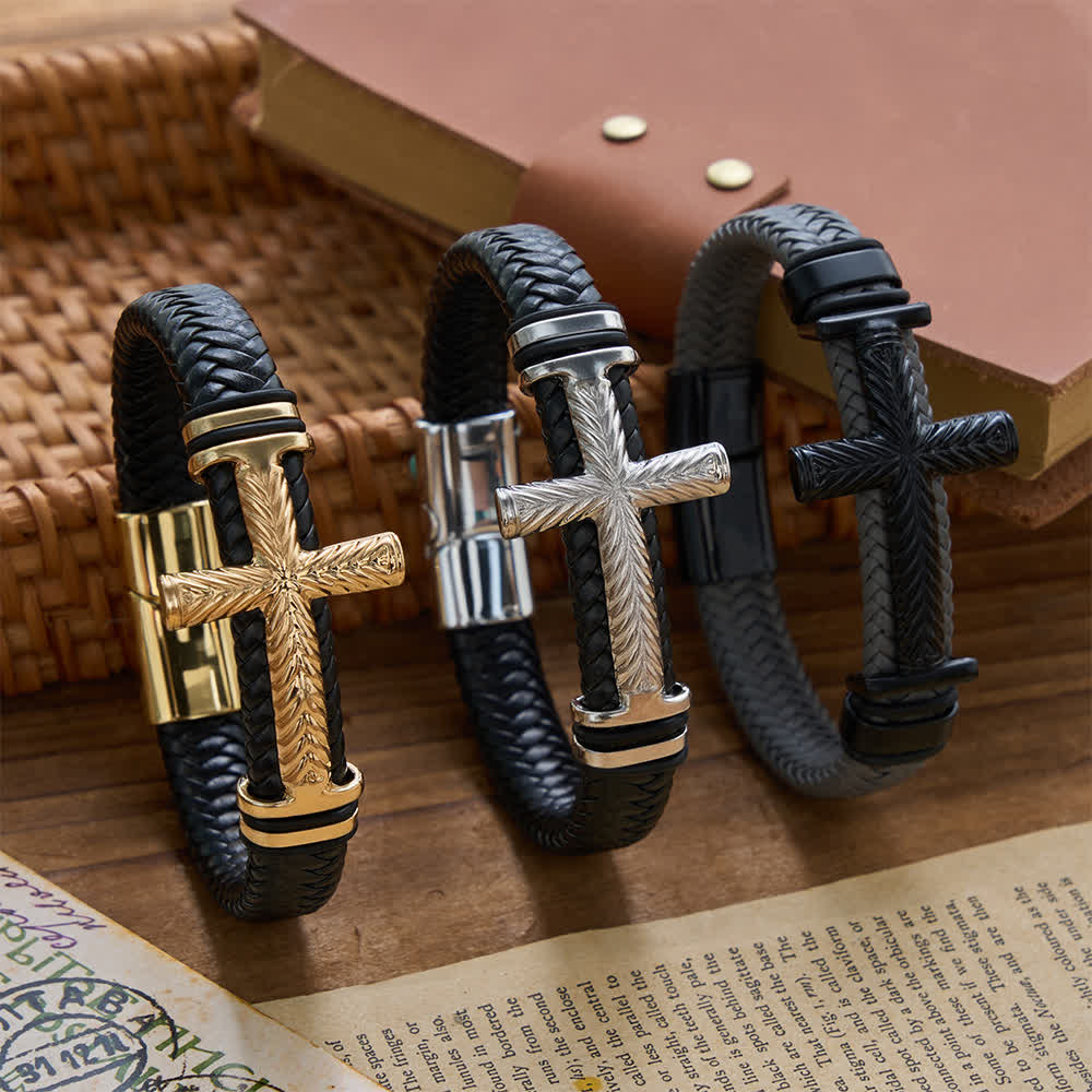 Christianartworkshop 10-Color Braided Leather Cross Bracelet with Embossed Details: A Symbol of Rugged Faith - image 3