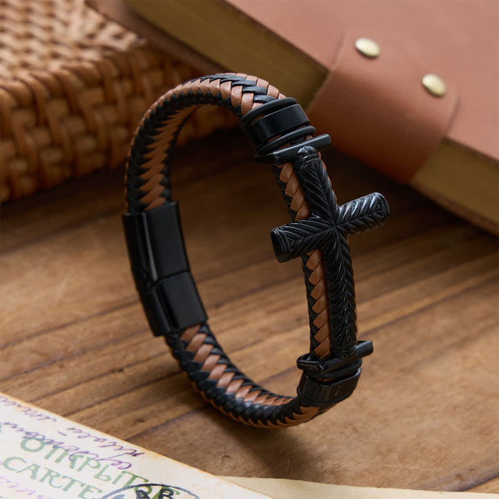 Christianartworkshop 10-Color Braided Leather Cross Bracelet with Embossed Details: A Symbol of Rugged Faith - Orange - image 15