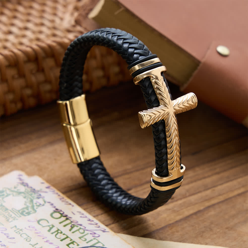 Christianartworkshop 10-Color Braided Leather Cross Bracelet with Embossed Details: A Symbol of Rugged Faith - Golden - image 12