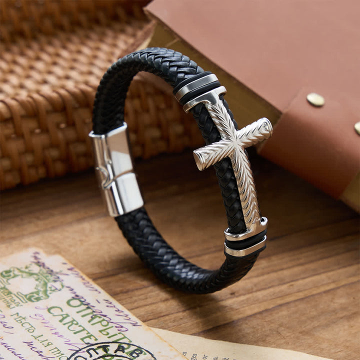 Christianartworkshop 10-Color Braided Leather Cross Bracelet with Embossed Details: A Symbol of Rugged Faith - Silver - image 11