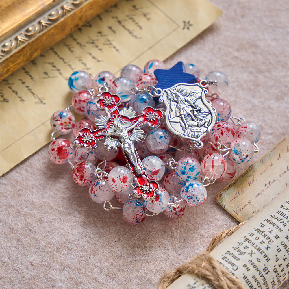Christianartworkshop Speckled Bead Patriotic Star Accent St.Michael Shield Medallion Enamel Star Crucifix Rosary - image 4