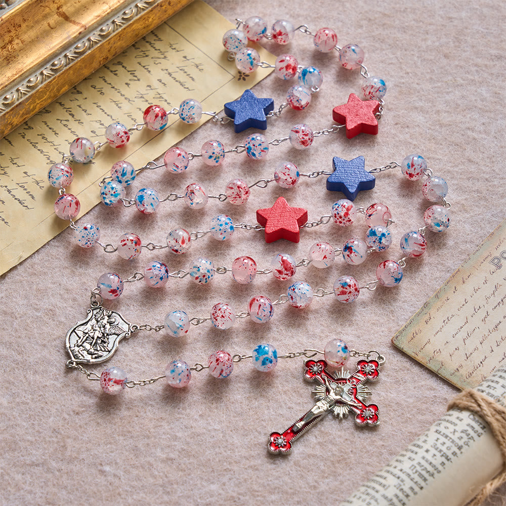 FREE Today: Speckled Bead Patriotic Star Accent St.Michael Shield Medallion Enamel Star Crucifix Rosary - image 2