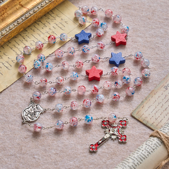 FREE Today: Speckled Bead Patriotic Star Accent St.Michael Shield Medallion Enamel Star Crucifix Rosary - image 2