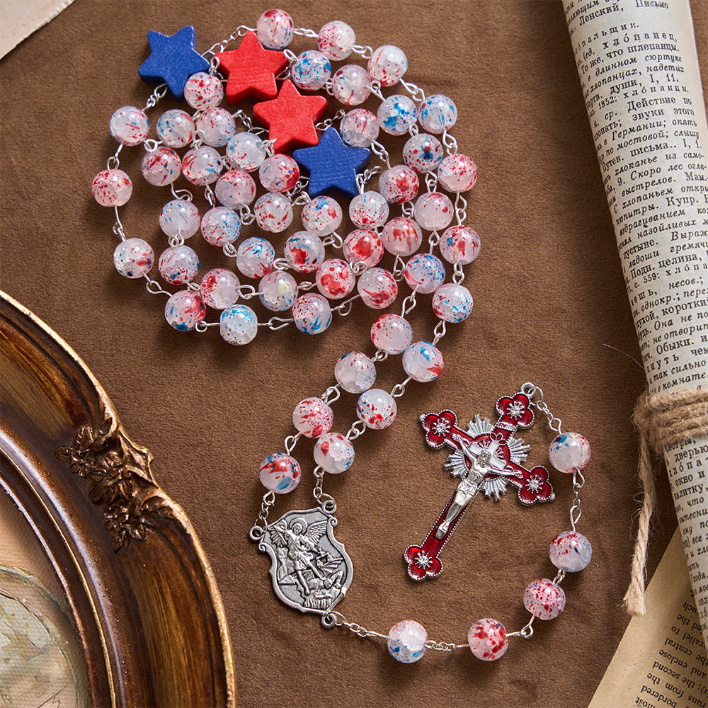Christianartworkshop Speckled Bead Patriotic Star Accent St.Michael Shield Medallion Enamel Star Crucifix Rosary - Patriotic Star Rosary - image 0