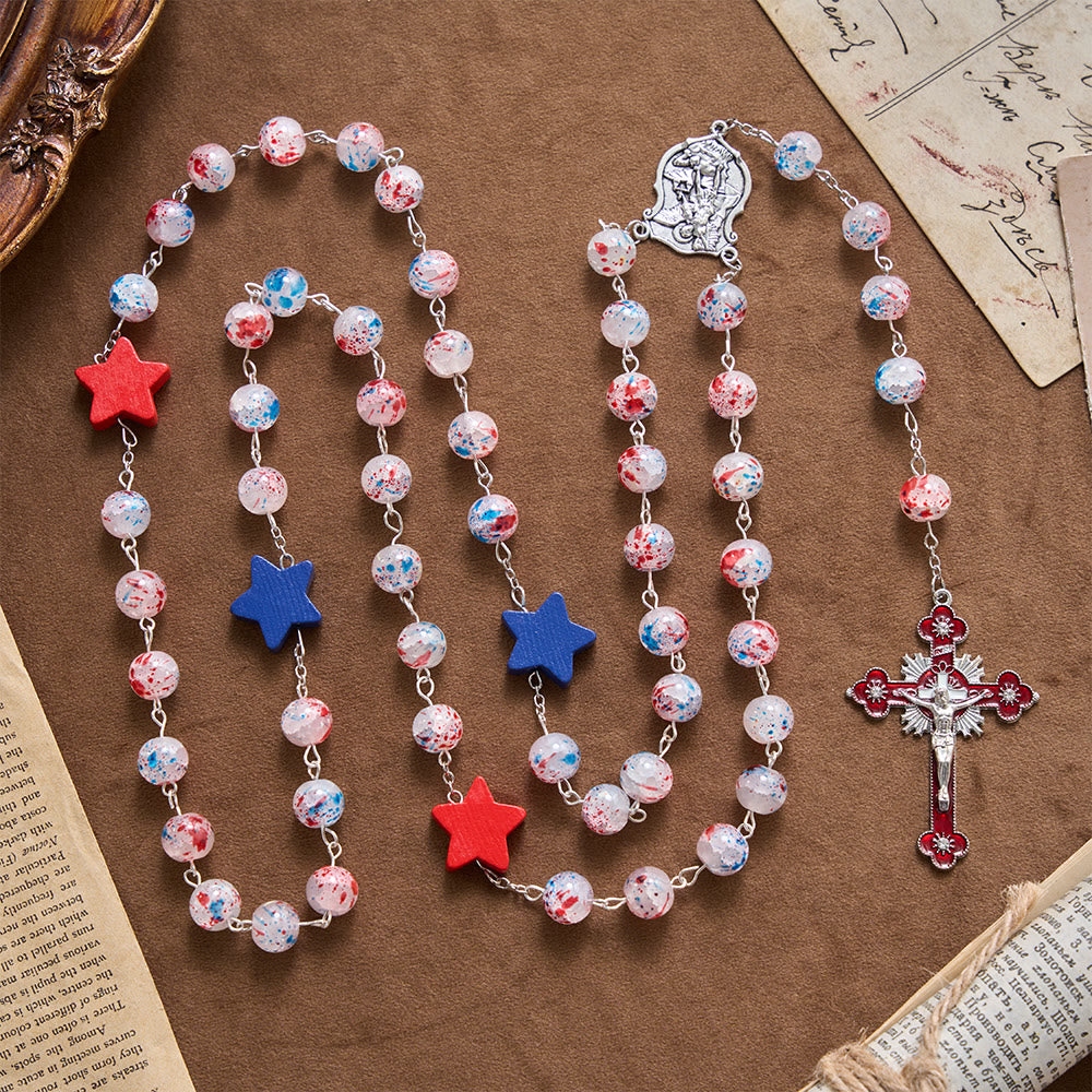 FREE Today: Speckled Bead Patriotic Star Accent St.Michael Shield Medallion Enamel Star Crucifix Rosary - image 3
