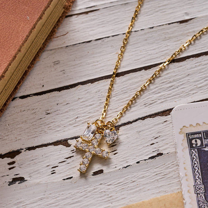 Christianartworkshop Round Stone Cross Heart & Rectangle Accent Cable Chain Sterling Silver Necklace: Timeless Emblem of Gentle Heavenly Guardianship - image 2