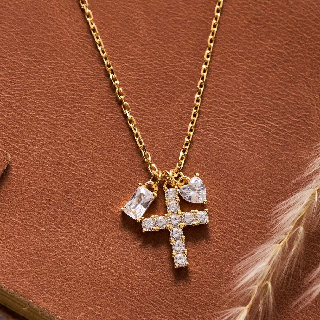 Christianartworkshop Round Stone Cross Heart & Rectangle Accent Cable Chain Sterling Silver Necklace: Timeless Emblem of Gentle Heavenly Guardianship - Golden - image 1