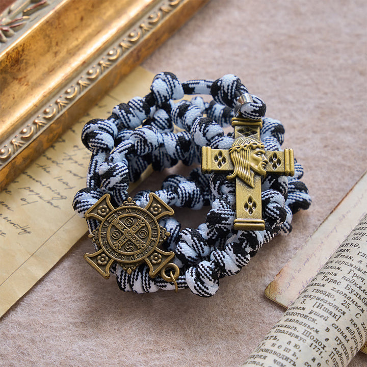 Christianartworkshop Black & White-Tone Twisted Paracord Knotted Rosary With St.Benedict Plaque & Jesus Cross - image 4