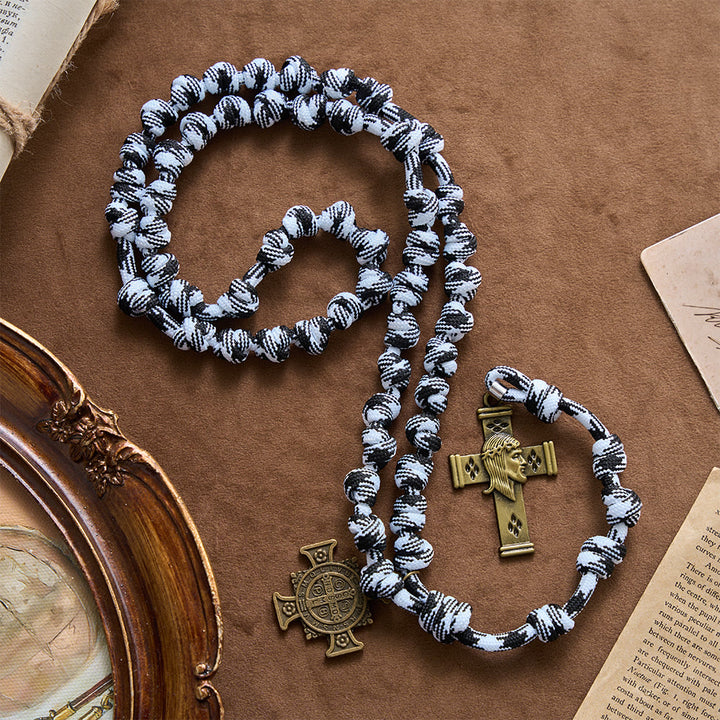 Christianartworkshop Black & White-Tone Twisted Paracord Knotted Rosary With St.Benedict Plaque & Jesus Cross - image 3
