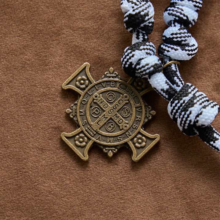 Christianartworkshop Black & White-Tone Twisted Paracord Knotted Rosary With St.Benedict Plaque & Jesus Cross - image 7