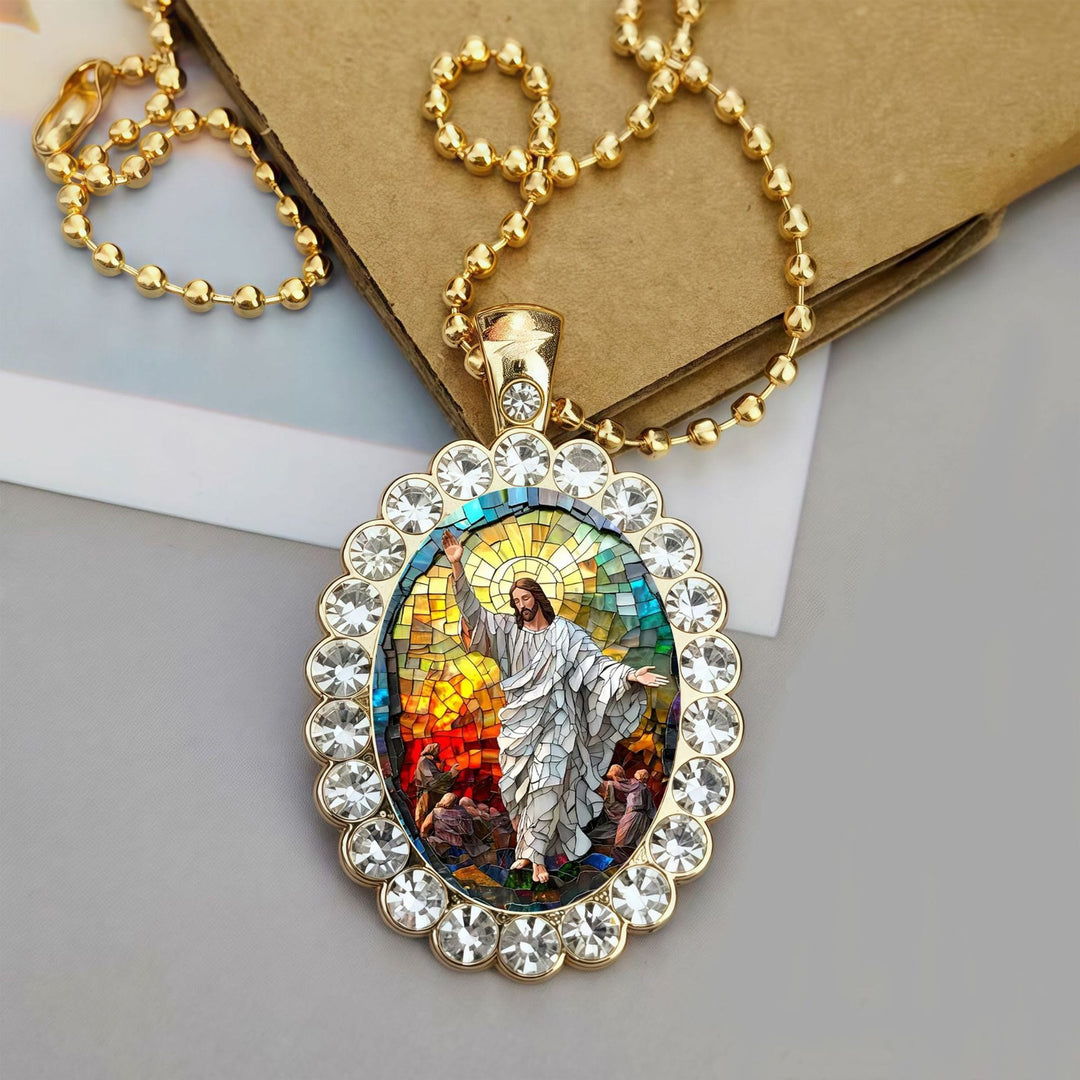 Christianartworkshop Oval Border Frame Jesus Portrait Ball Chain Necklace: Timeless Emblem of Gentle Heavenly Guardianship - Jesus Blessing - image 5