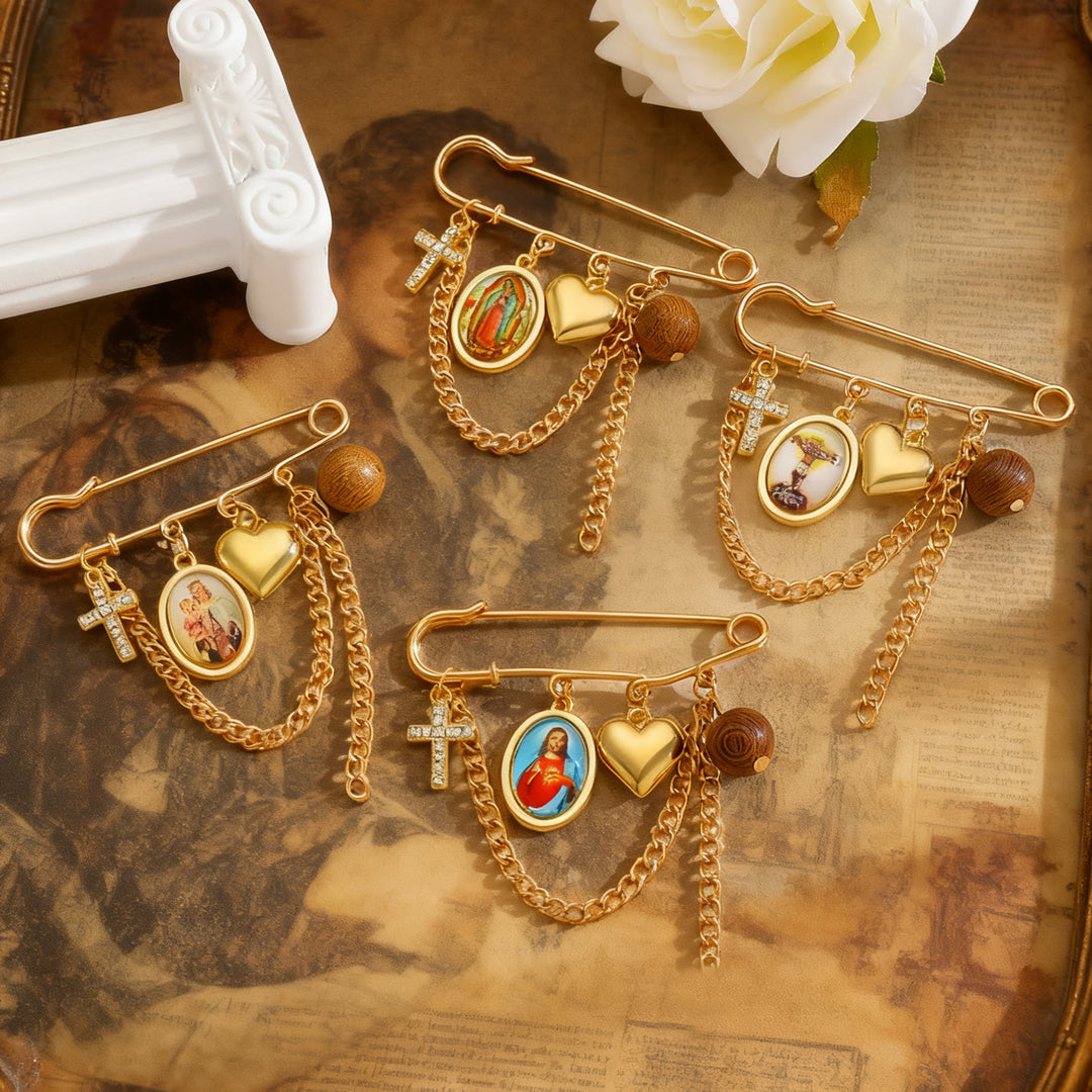 Christianartworkshop Multi-Dangle Sacred Portrait Safety Pin Convertible Brooch Necklace: Timeless Emblem of Gentle Heavenly Guardianship - image 0