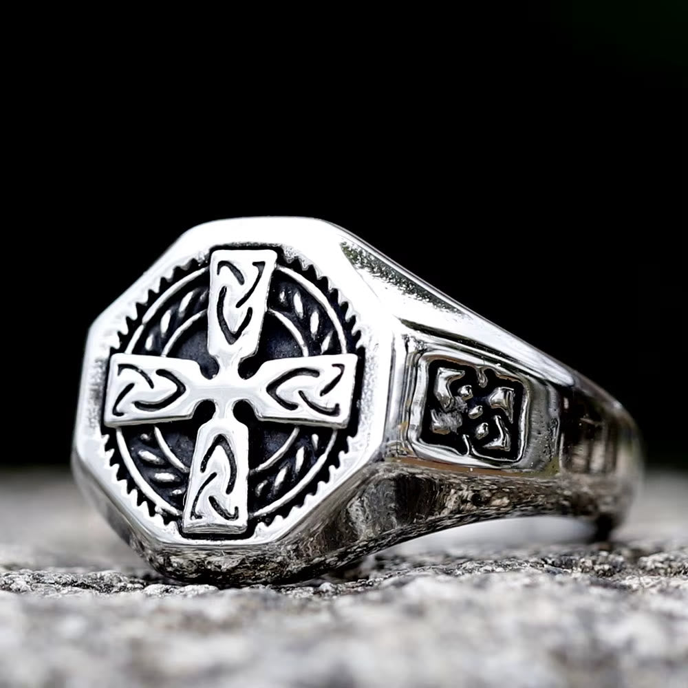 Christianartworkshop Celtic Knot Cross Octagonal Signet Ring: Timeless Emblem of Unshakable Sacred Faith - image 0