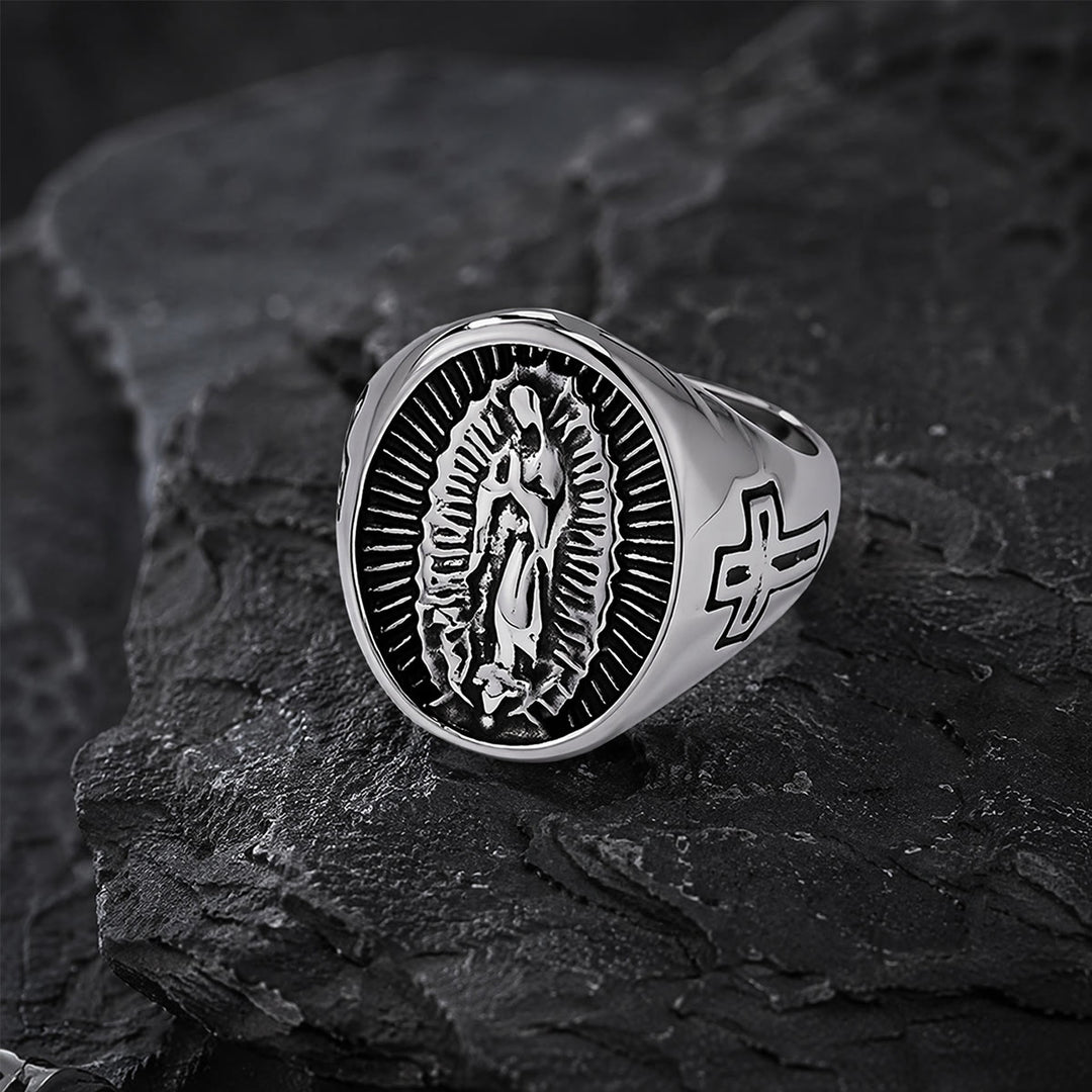 Christianartworkshop Deep Relief Our Lady Of Guadalupe Statement Ring: Timeless Emblem of Unshakable Sacred Faith - Silver - US 12 - image 8