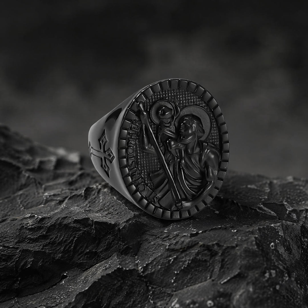 Christianartworkshop St. Christopher Round Ridged Border Signet Ring: Timeless Emblem of Unshakable Sacred Faith - Black - US 12 - image 14