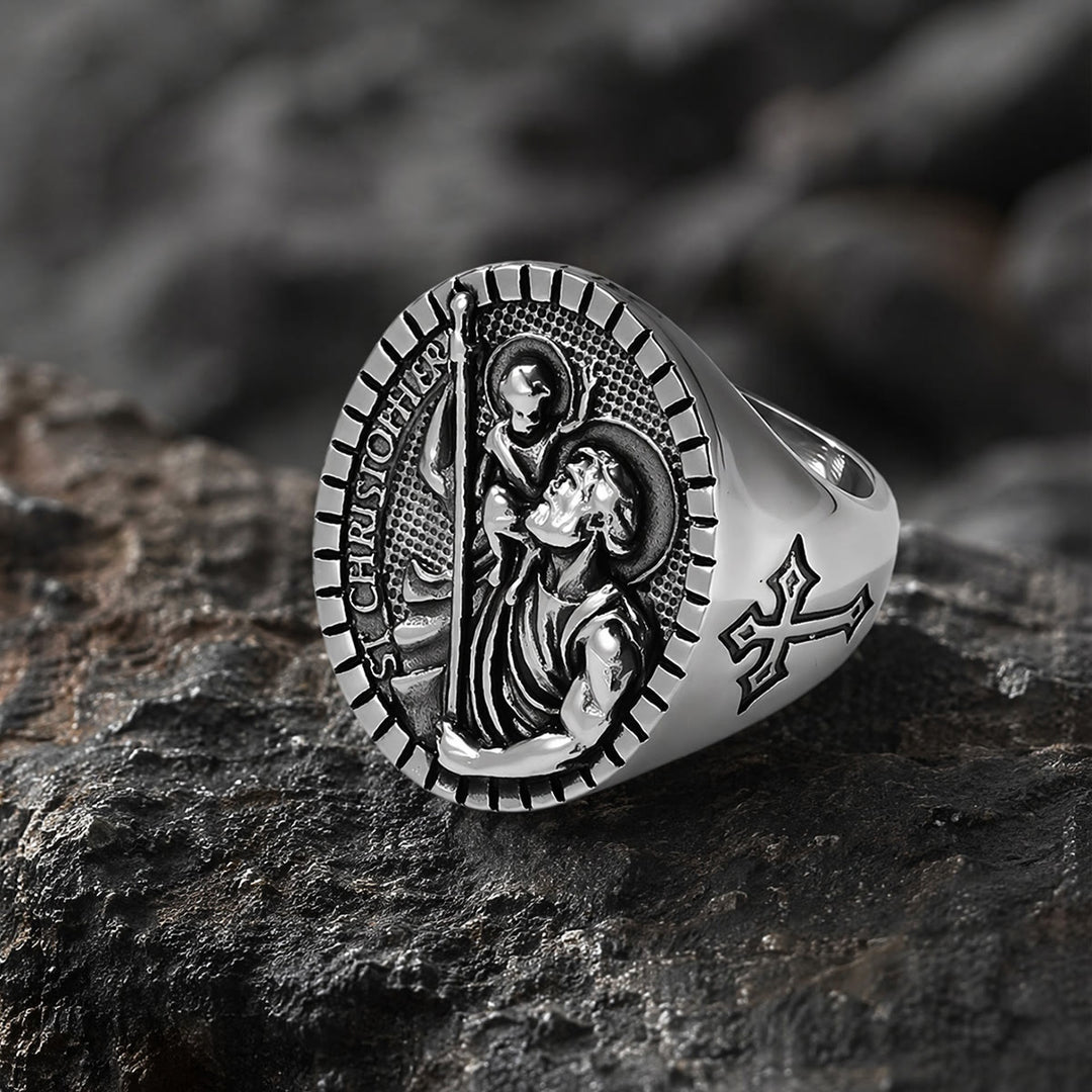 Christianartworkshop St. Christopher Round Ridged Border Signet Ring: Timeless Emblem of Unshakable Sacred Faith - image 7