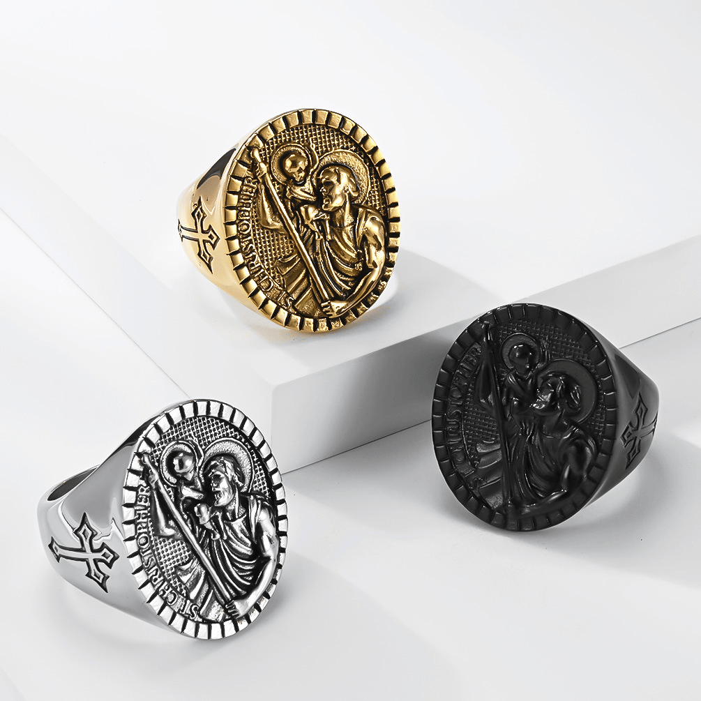 Christianartworkshop St. Christopher Round Ridged Border Signet Ring: Timeless Emblem of Unshakable Sacred Faith - image 0