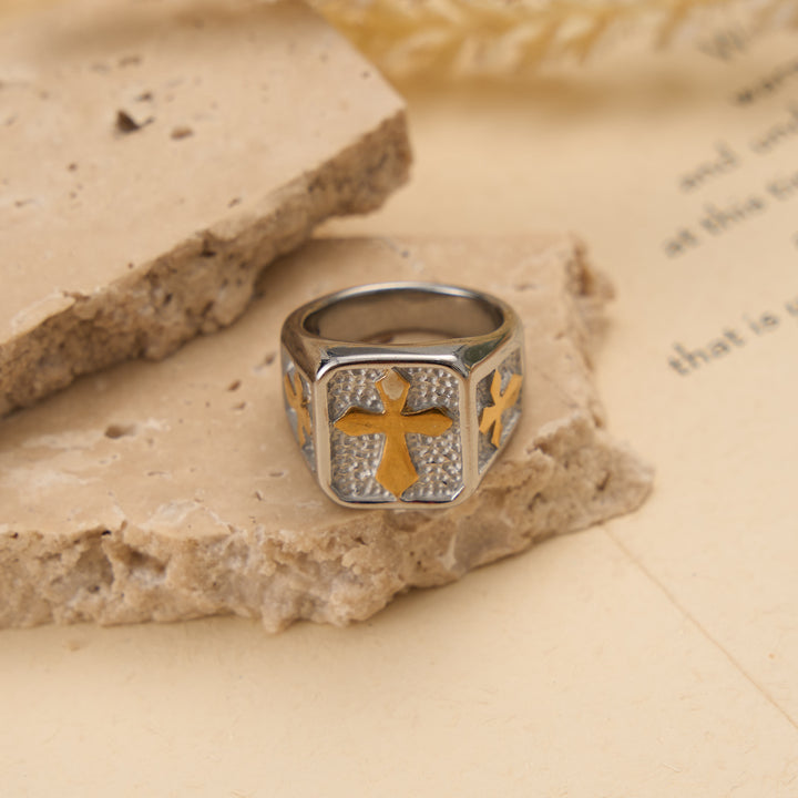 Christianartworkshop Dual Side Square Panel Solid Cross Signet Ring: Timeless Emblem of Unshakable Sacred Faith - Silver&Golden - US 15 - image 1
