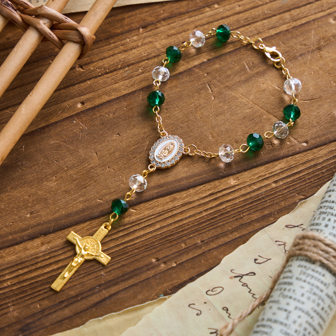 Christianartworkshop Oval Sacred Portrait Our Lady Multi-Tone Bead Crucifix Car Hanging Pendant: A Reminder of Merciful Divine Protection on Every Trip - Green - image 3