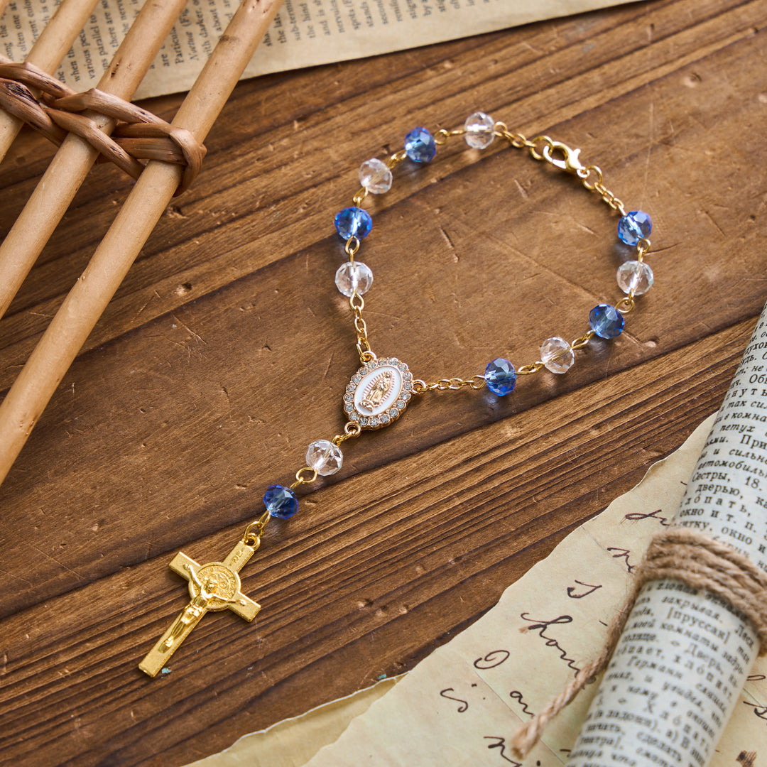 Christianartworkshop Oval Sacred Portrait Our Lady Multi-Tone Bead Crucifix Car Hanging Pendant: A Reminder of Merciful Divine Protection on Every Trip - Blue - image 5