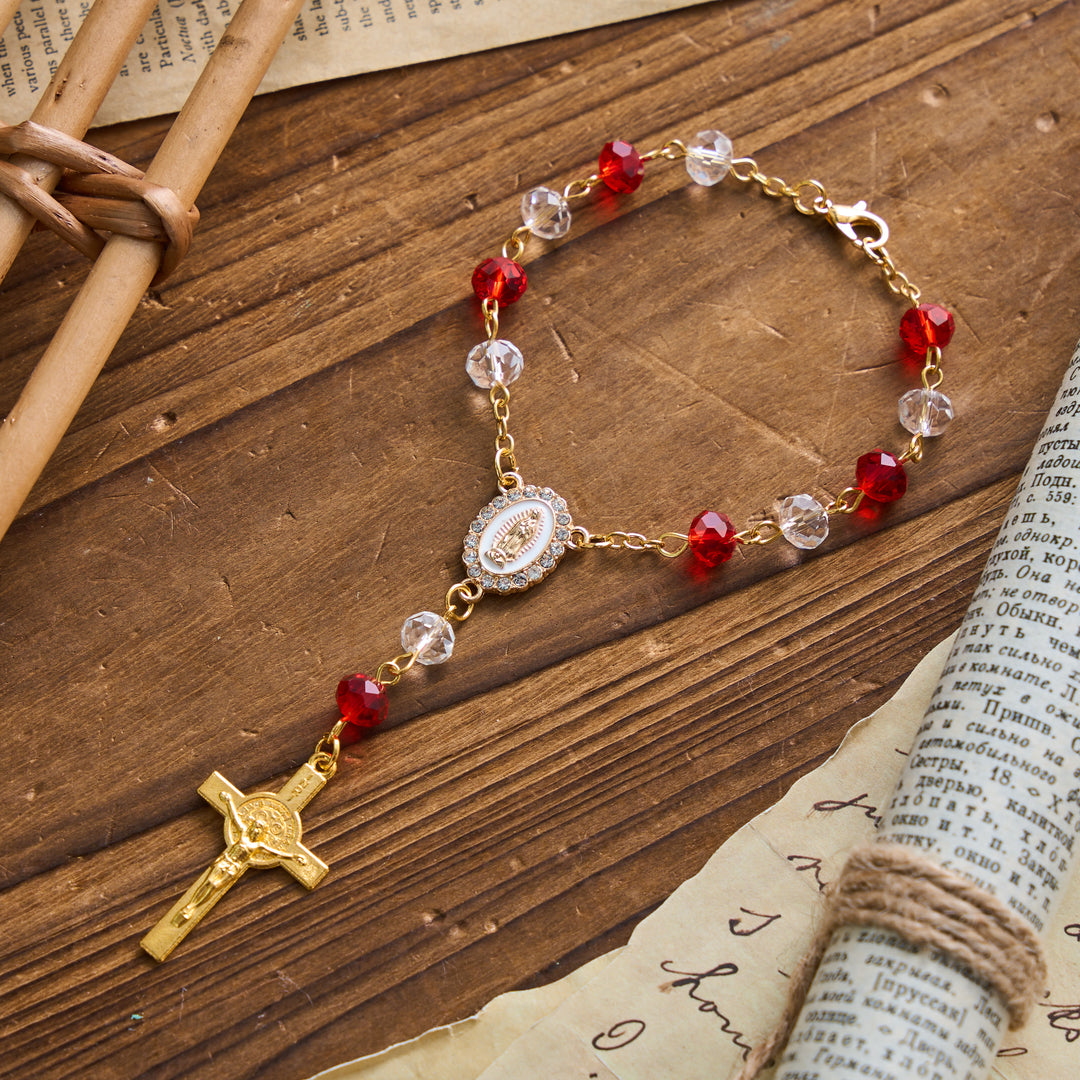 Christianartworkshop Oval Sacred Portrait Our Lady Multi-Tone Bead Crucifix Car Hanging Pendant: A Reminder of Merciful Divine Protection on Every Trip - Red - image 1