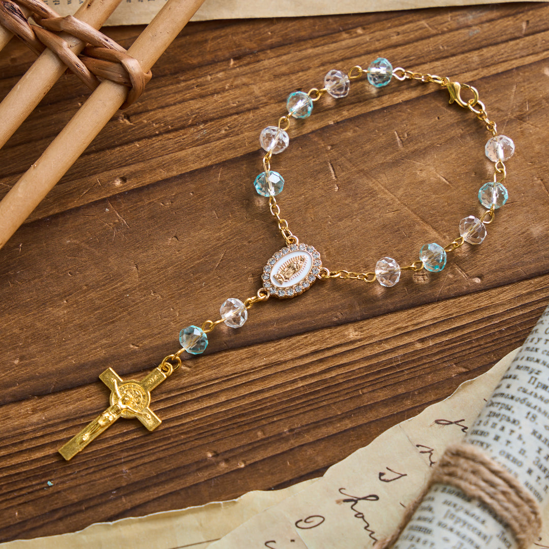 Christianartworkshop Oval Sacred Portrait Our Lady Multi-Tone Bead Crucifix Car Hanging Pendant: A Reminder of Merciful Divine Protection on Every Trip - Lake Blue - image 7