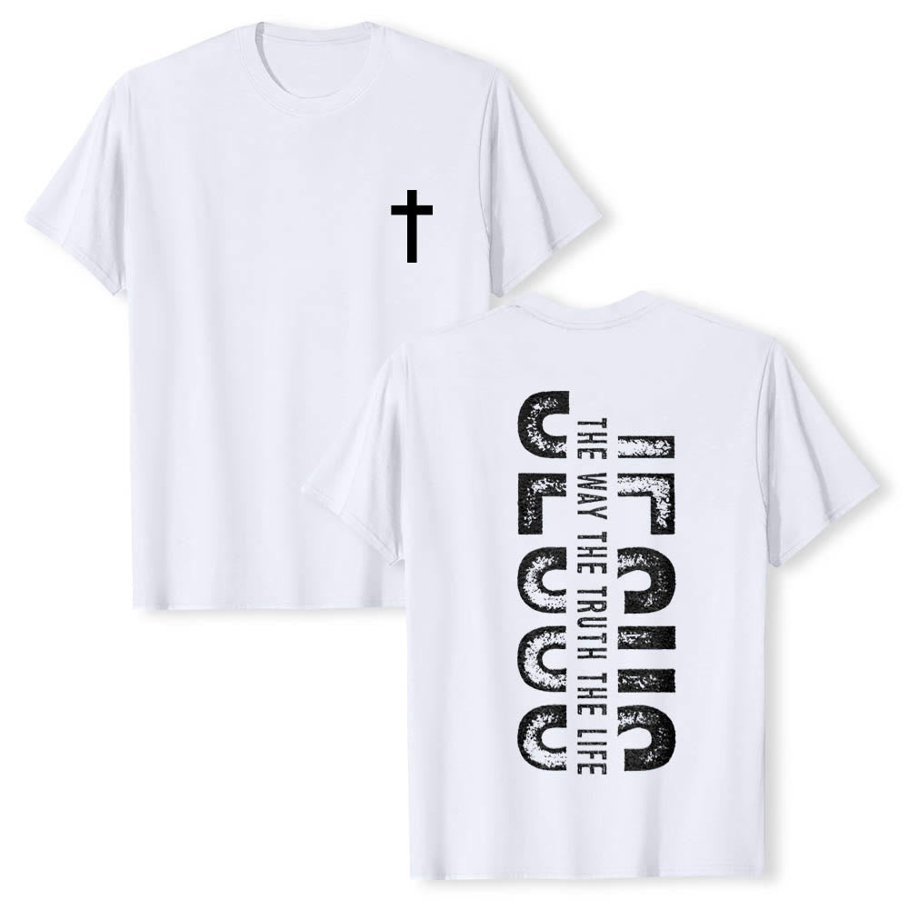 Christianartworkshop Front Cross Back Vertical Distressed JESUS The Way The Truth The Life Premium Short Sleeve T-Shirt - White - 2XL - image 3