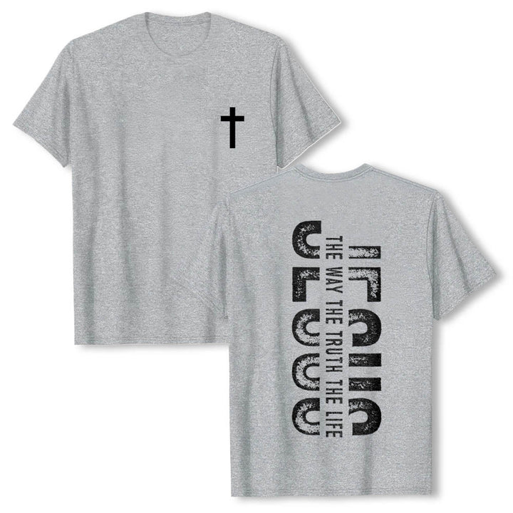 Christianartworkshop Front Cross Back Vertical Distressed JESUS The Way The Truth The Life Premium Short Sleeve T-Shirt - Grey - 2XL - image 0