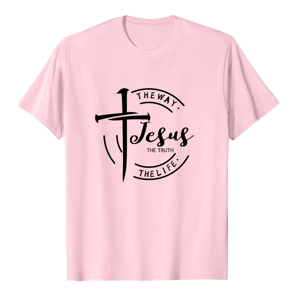 Christianartworkshop Brush Stroke Cross Circular Frame Jesus The Way The Truth The Life Premium Short Sleeve T-Shirt - Pink - 2XL - image 24