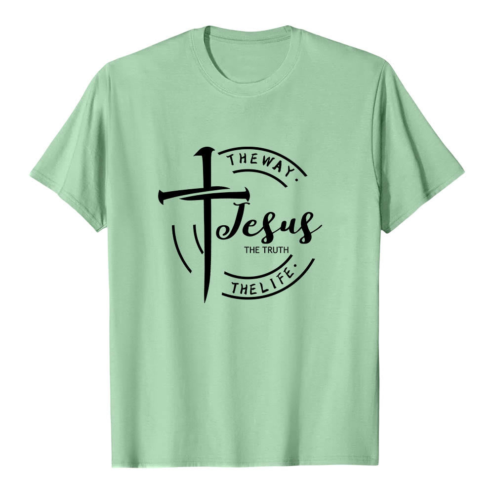 Christianartworkshop Brush Stroke Cross Circular Frame Jesus The Way The Truth The Life Premium Short Sleeve T-Shirt - Light Green - 2XL - image 21