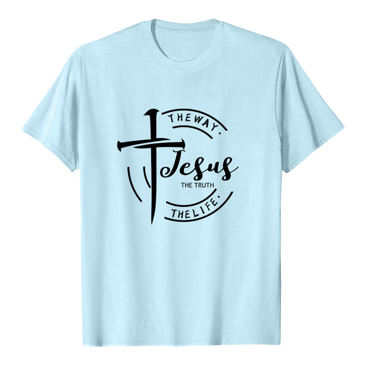 Christianartworkshop Brush Stroke Cross Circular Frame Jesus The Way The Truth The Life Premium Short Sleeve T-Shirt - Blue - 2XL - image 9