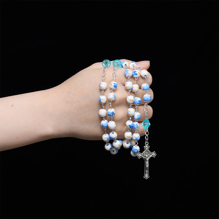 Christianartworkshop Soft Blue Floral Ceramic Bead Aqua Spacer Our Lady Crucifix Rosary - image 1