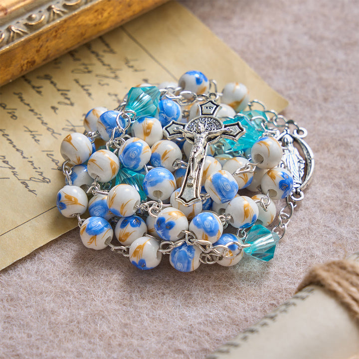 Christianartworkshop Soft Blue Floral Ceramic Bead Aqua Spacer Our Lady Crucifix Rosary - image 4
