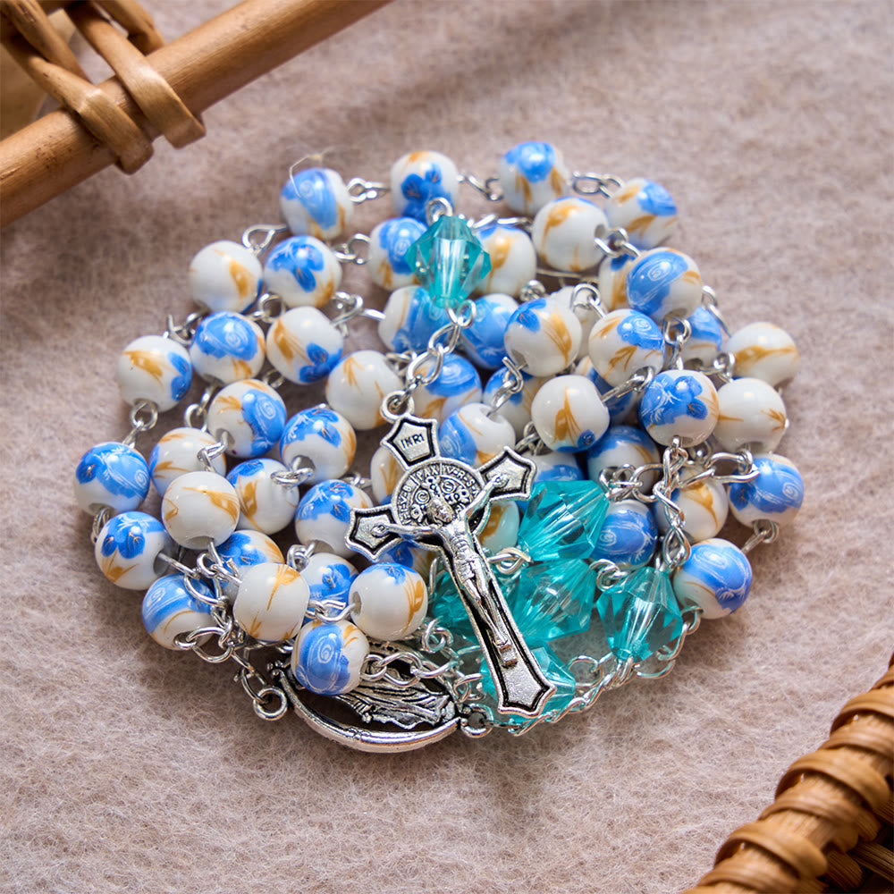 Christianartworkshop Soft Blue Floral Ceramic Bead Aqua Spacer Our Lady Crucifix Rosary - Blue Flower Ceramic Rosary - image 0