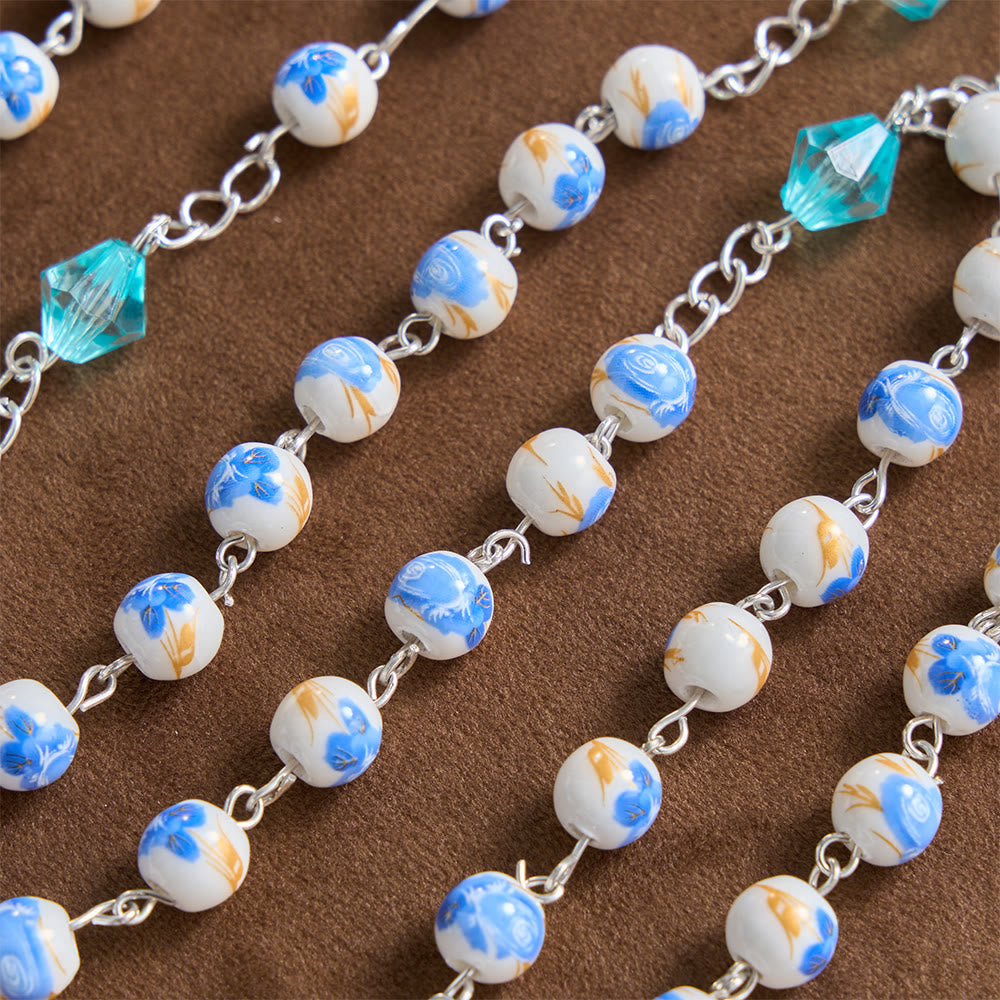 Christianartworkshop Soft Blue Floral Ceramic Bead Aqua Spacer Our Lady Crucifix Rosary - image 6