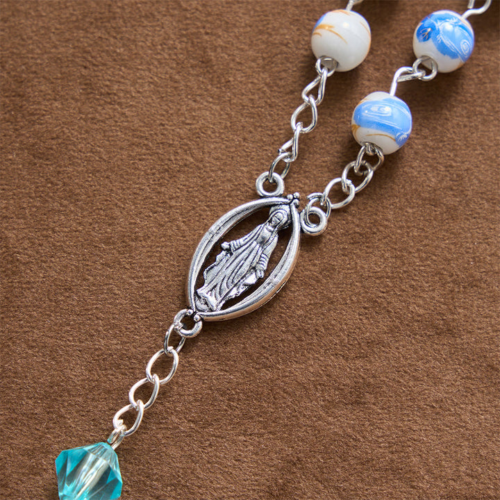 Christianartworkshop Soft Blue Floral Ceramic Bead Aqua Spacer Our Lady Crucifix Rosary - image 7