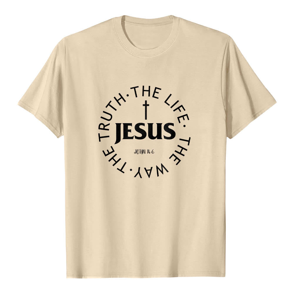 Christianartworkshop Centered Cross JESUS Circular Curved Verse Text John 14:6 Premium Short Sleeve T-Shirt - Beige - 2XL - image 0