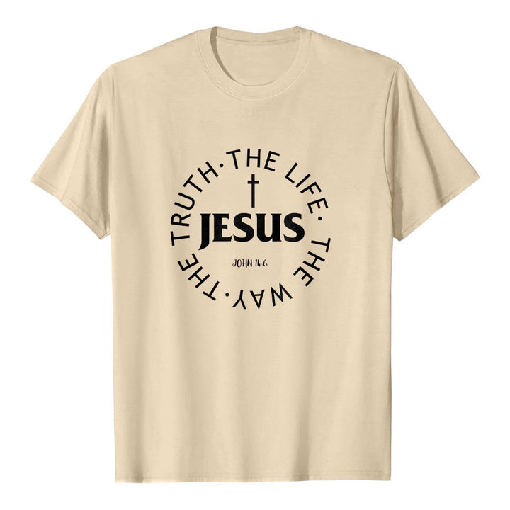 Christianartworkshop Centered Cross JESUS Circular Curved Verse Text John 14:6 Premium Short Sleeve T-Shirt - Beige - 2XL - image 0