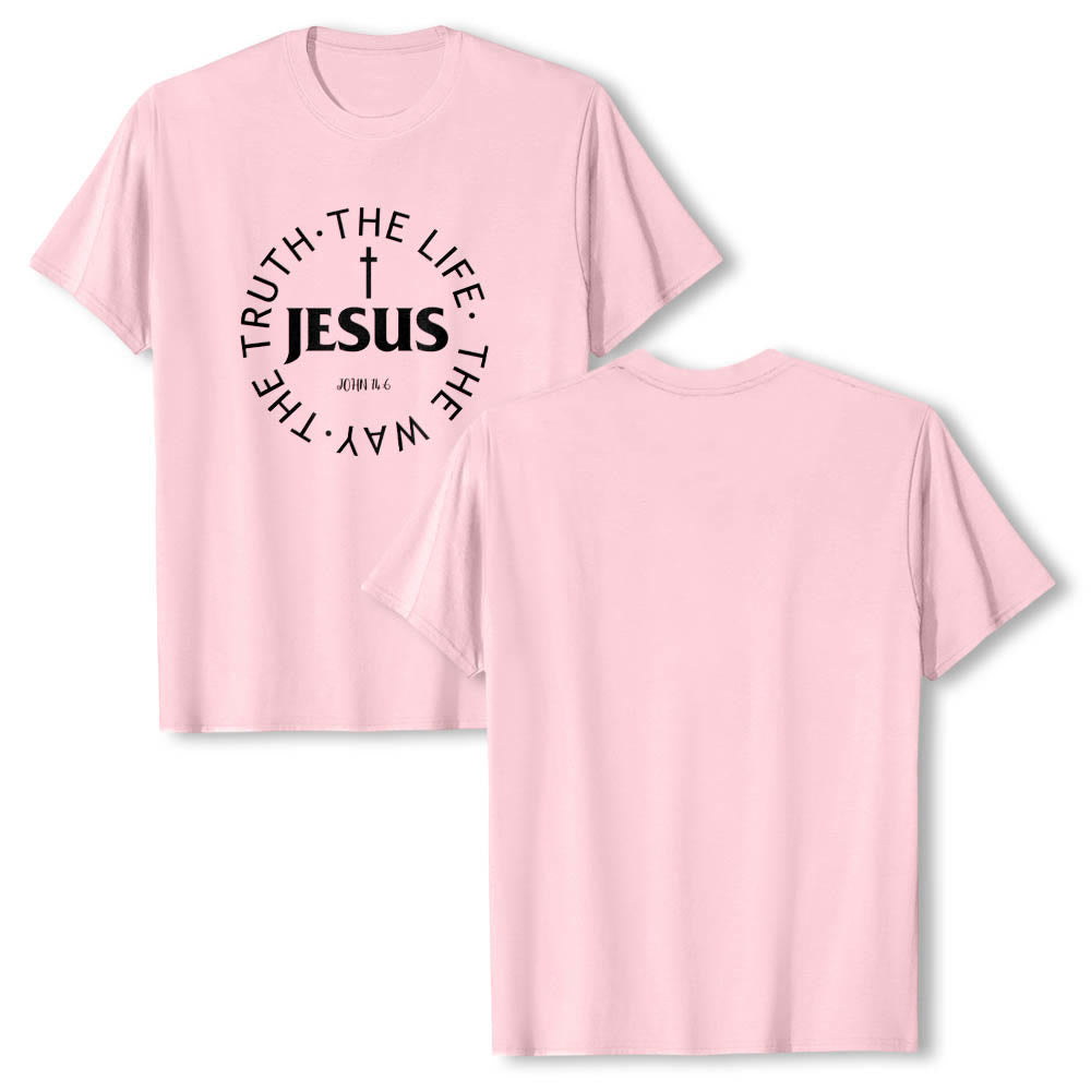 Christianartworkshop Centered Cross JESUS Circular Curved Verse Text John 14:6 Premium Short Sleeve T-Shirt - image 25