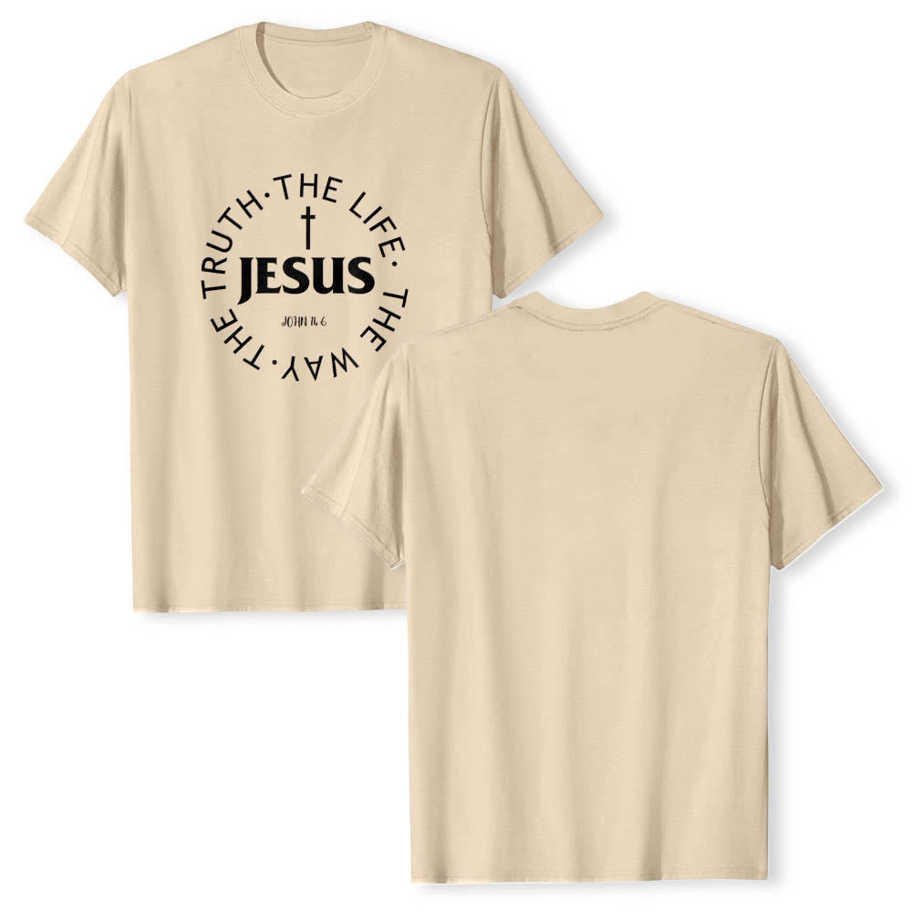 Christianartworkshop Centered Cross JESUS Circular Curved Verse Text John 14:6 Premium Short Sleeve T-Shirt - image 1