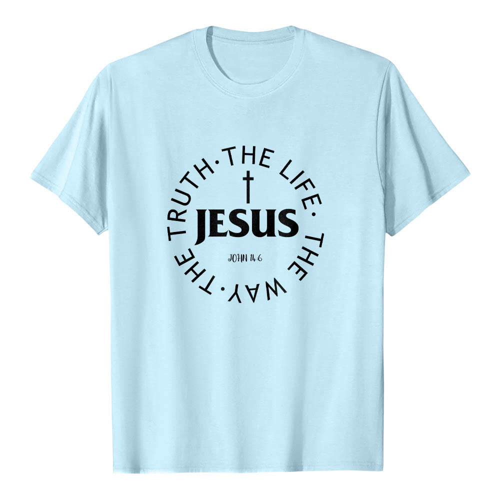 Christianartworkshop Centered Cross JESUS Circular Curved Verse Text John 14:6 Premium Short Sleeve T-Shirt - Blue - 2XL - image 12