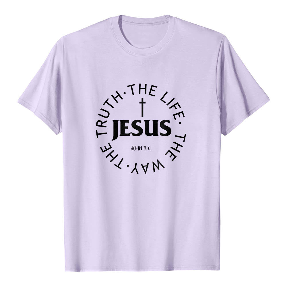 Christianartworkshop Centered Cross JESUS Circular Curved Verse Text John 14:6 Premium Short Sleeve T-Shirt - Purple - 2XL - image 15